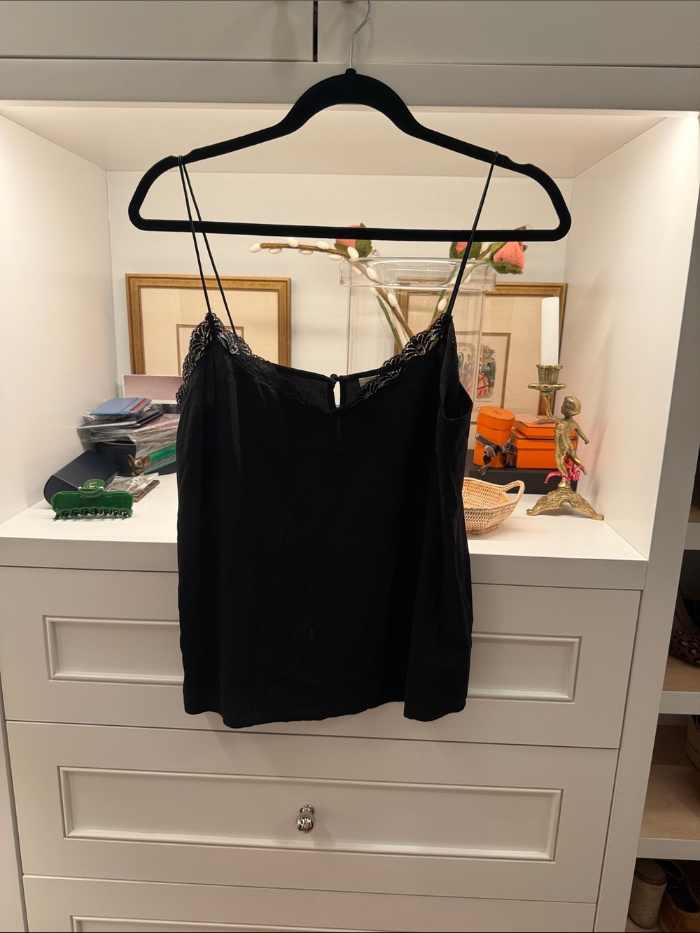 Sezane Black Lace-Trim Silk Camisole